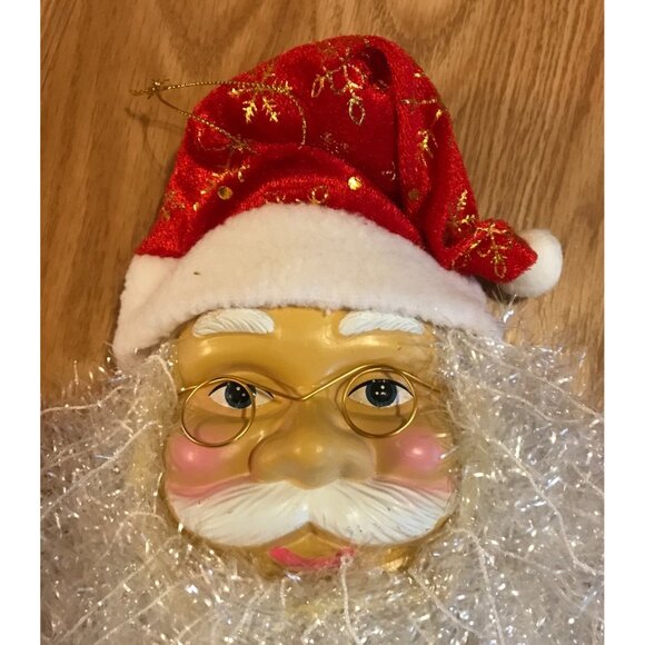 Santa Claus Face Wall Hanging Decoration Curly Sparkly White Beard Red Hat 16" - Picture 2 of 6